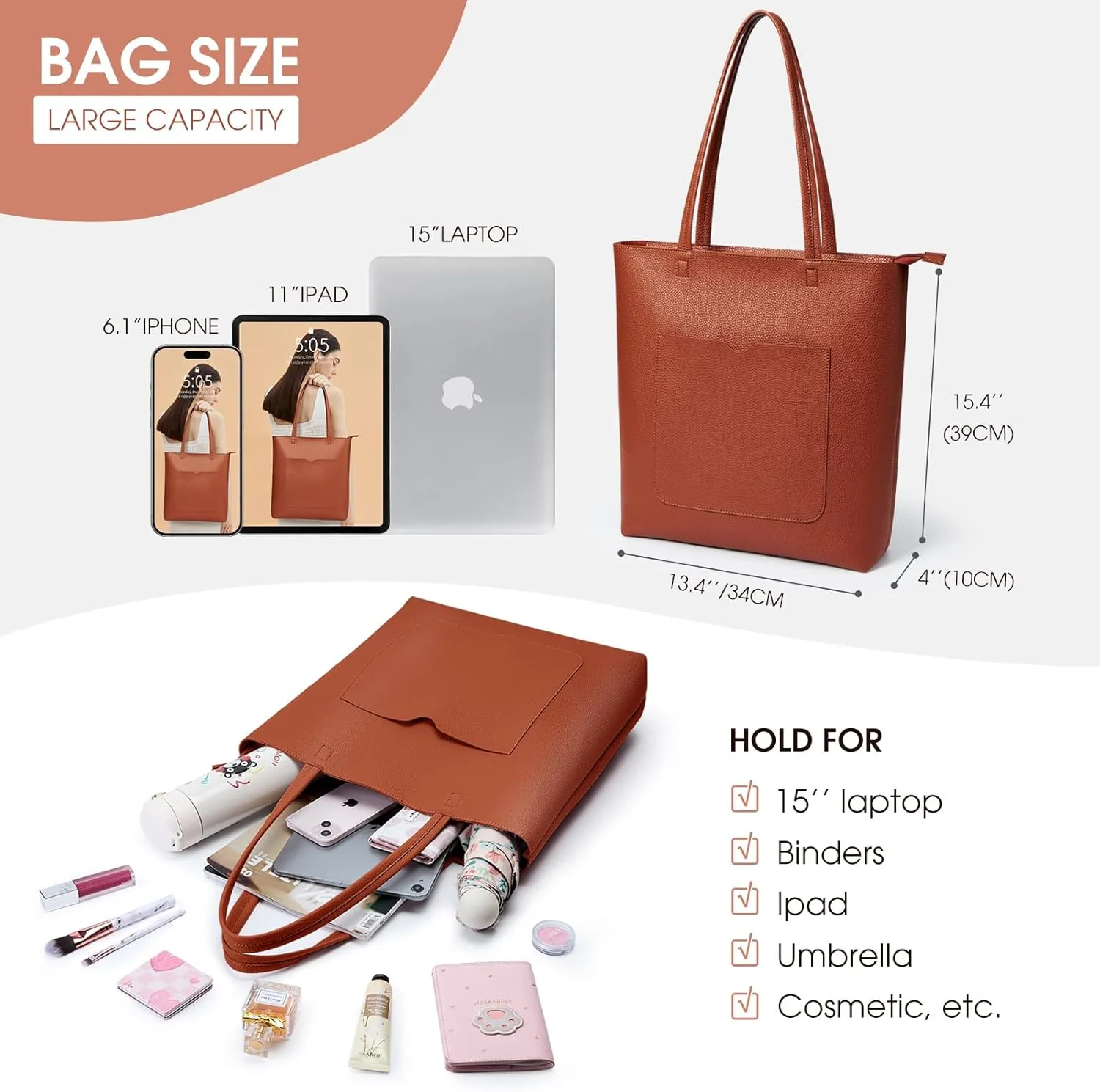 KALIDI Tote Bag Women Shoulder Bag Soft Vegan Leather Purse with Zipper Large Casual Handbags for 17'' Laptop Work Travel