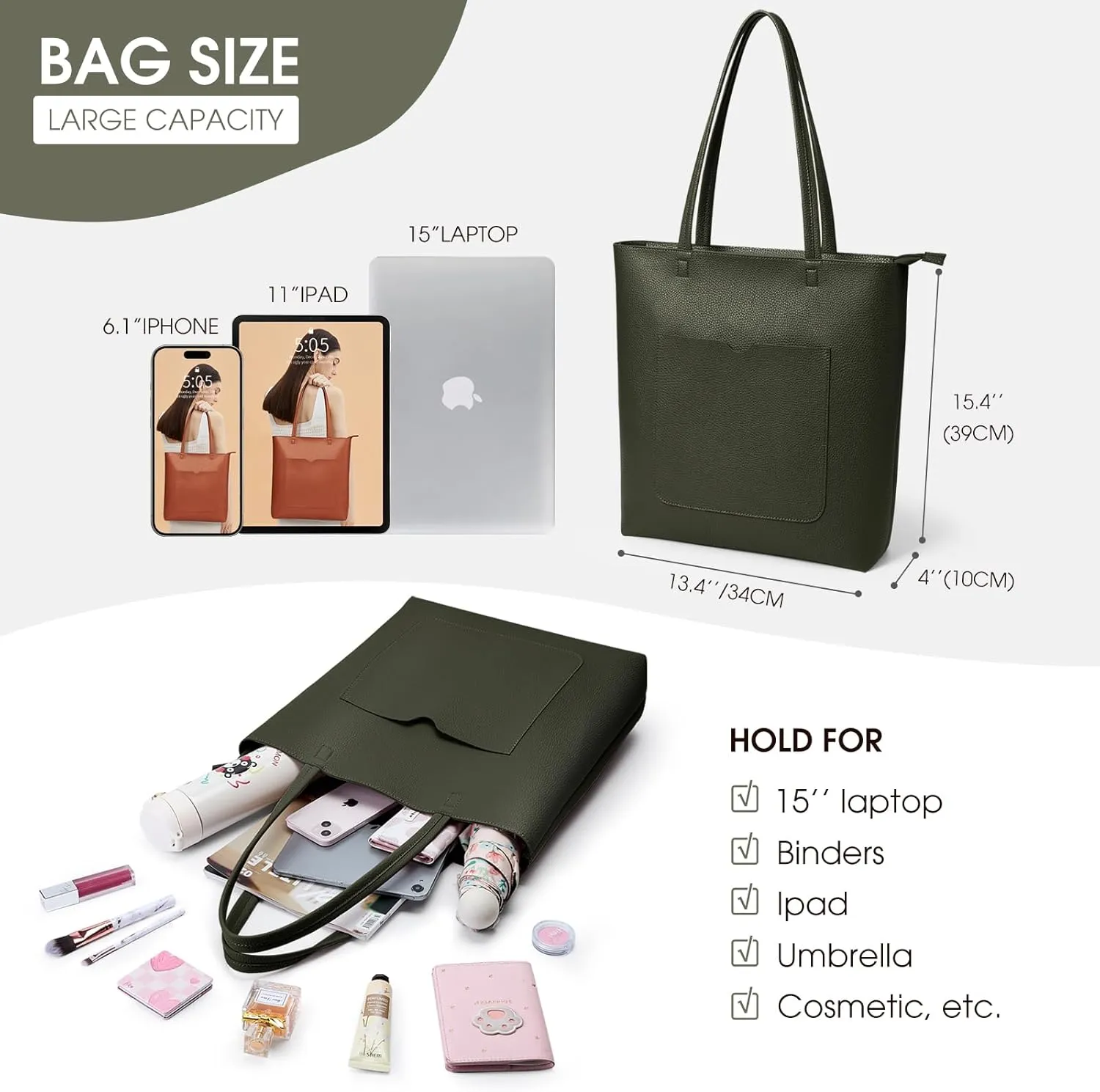 KALIDI Tote Bag Women Shoulder Bag Soft Vegan Leather Purse with Zipper Large Casual Handbags for 17'' Laptop Work Travel