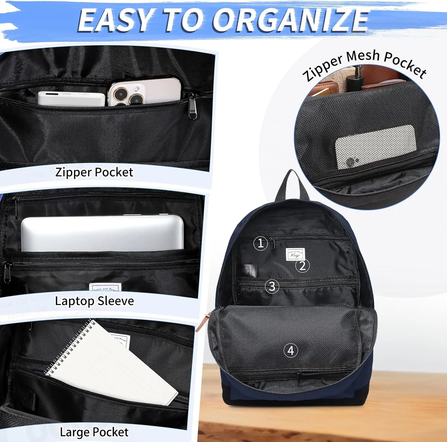 Kasqo School Backpack, Classic Lightweight 14-15.6 Inch Laptop Bookbag for Men Women Teens Girls Boys College