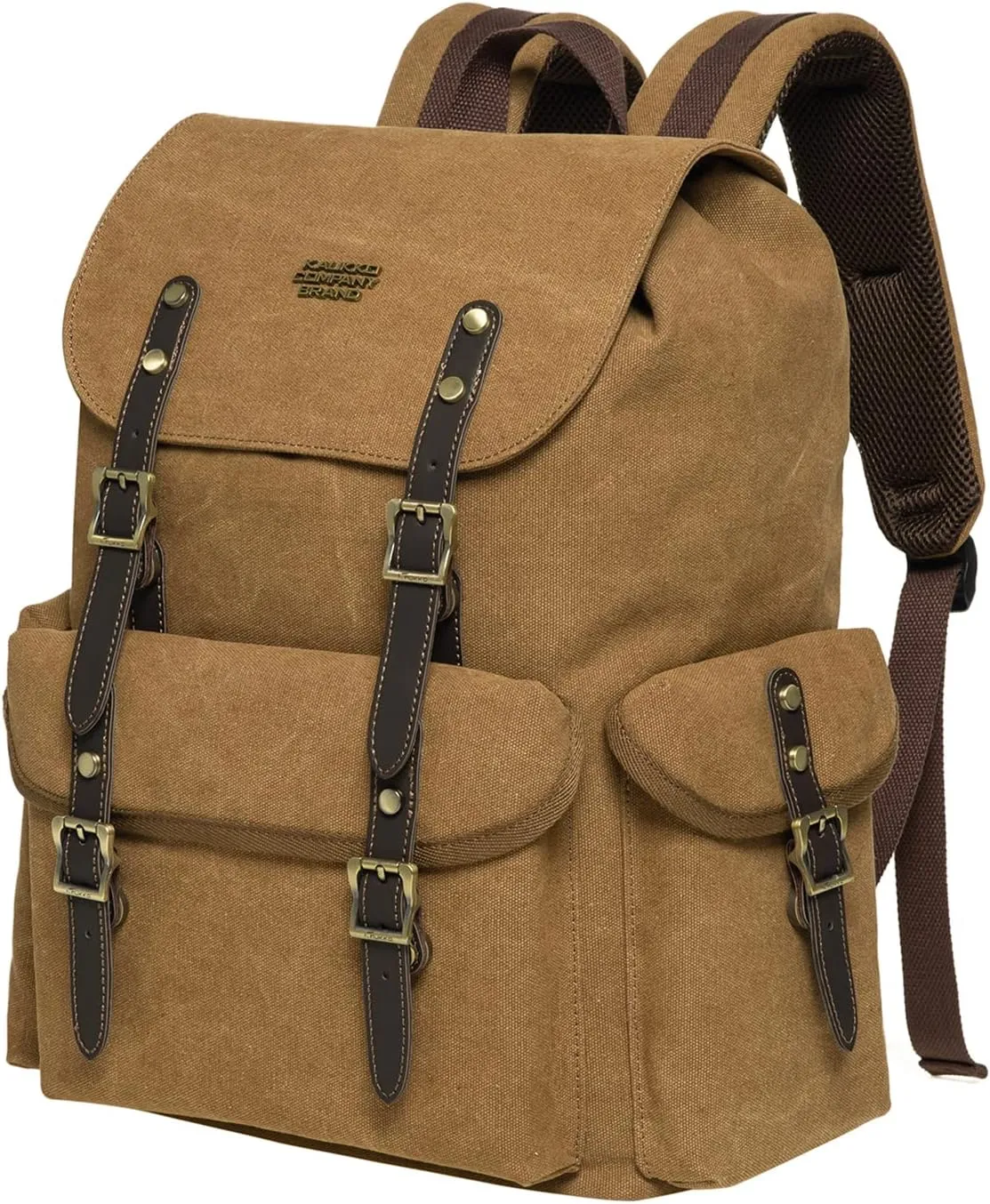 KAUKKO Vintage Casual polyster and Leather Rucksack Backpack(03-CANVAS KHAKI)