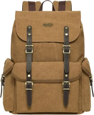 KAUKKO Vintage Casual polyster and Leather Rucksack Backpack(03-CANVAS KHAKI)