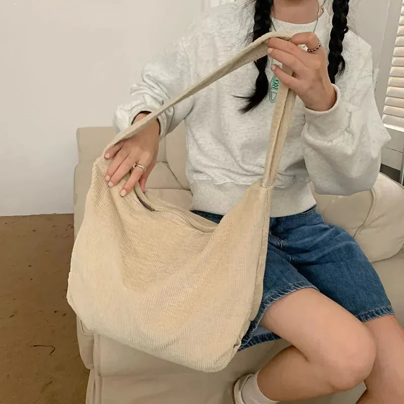 Kawaii Corduroy Shell Shoulder Bag 🎀✨ - Retro Japanese & Korean Style, Spacious & Chic! 👜🌈