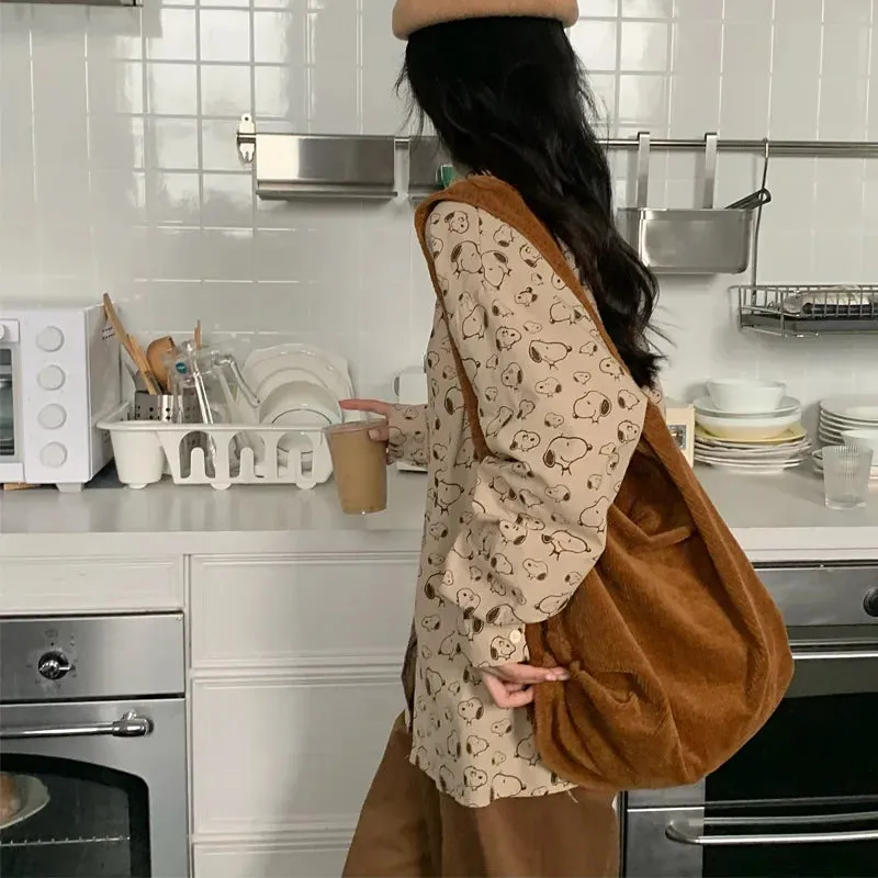 Kawaii Corduroy Shell Shoulder Bag 🎀✨ - Retro Japanese & Korean Style, Spacious & Chic! 👜🌈