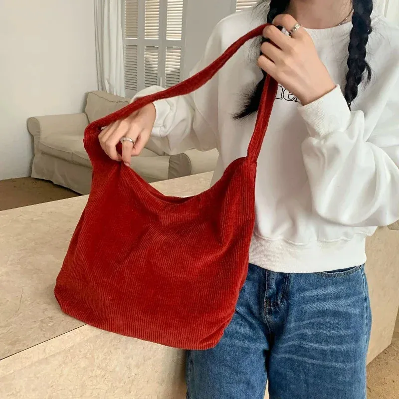 Kawaii Corduroy Shell Shoulder Bag 🎀✨ - Retro Japanese & Korean Style, Spacious & Chic! 👜🌈