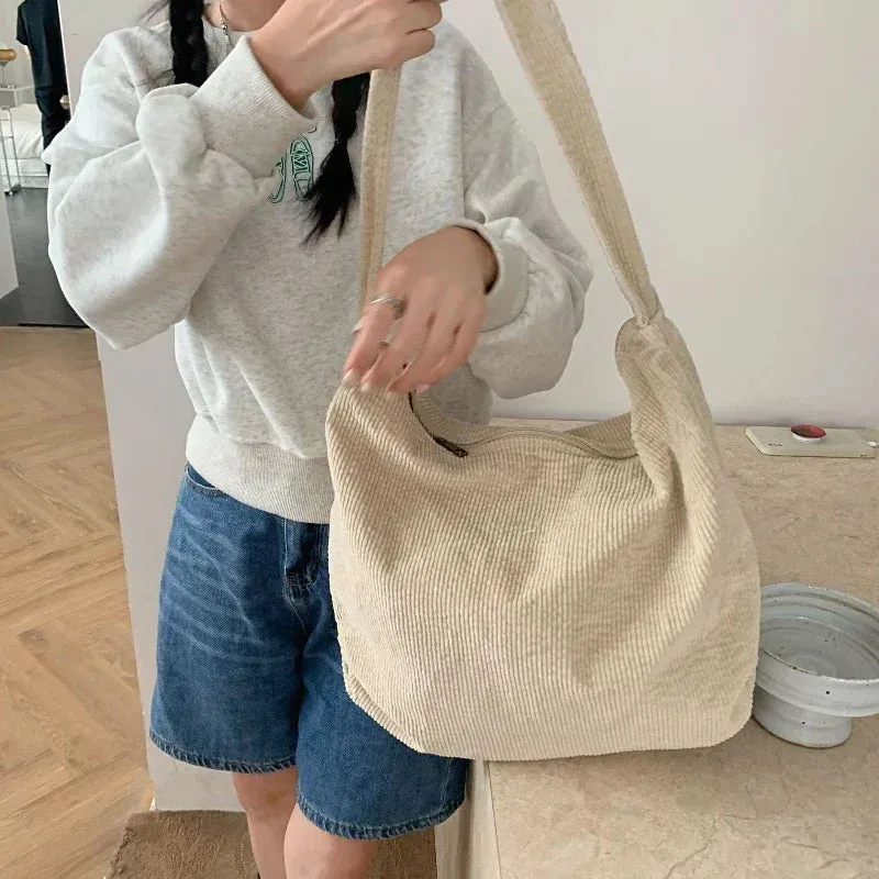 Kawaii Corduroy Shell Shoulder Bag 🎀✨ - Retro Japanese & Korean Style, Spacious & Chic! 👜🌈