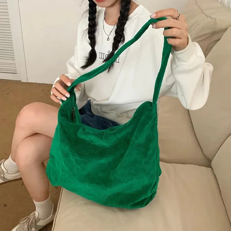 Kawaii Corduroy Shell Shoulder Bag 🎀✨ - Retro Japanese & Korean Style, Spacious & Chic! 👜🌈