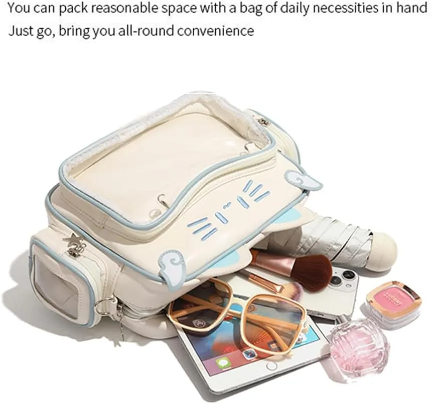 Kawaii Ita Bag,Cute Cat Pin Display Bag Women Backpacks PU Leather Tote Bag with Inserts Y2K Shoulder Crossbody Bag (PINK)