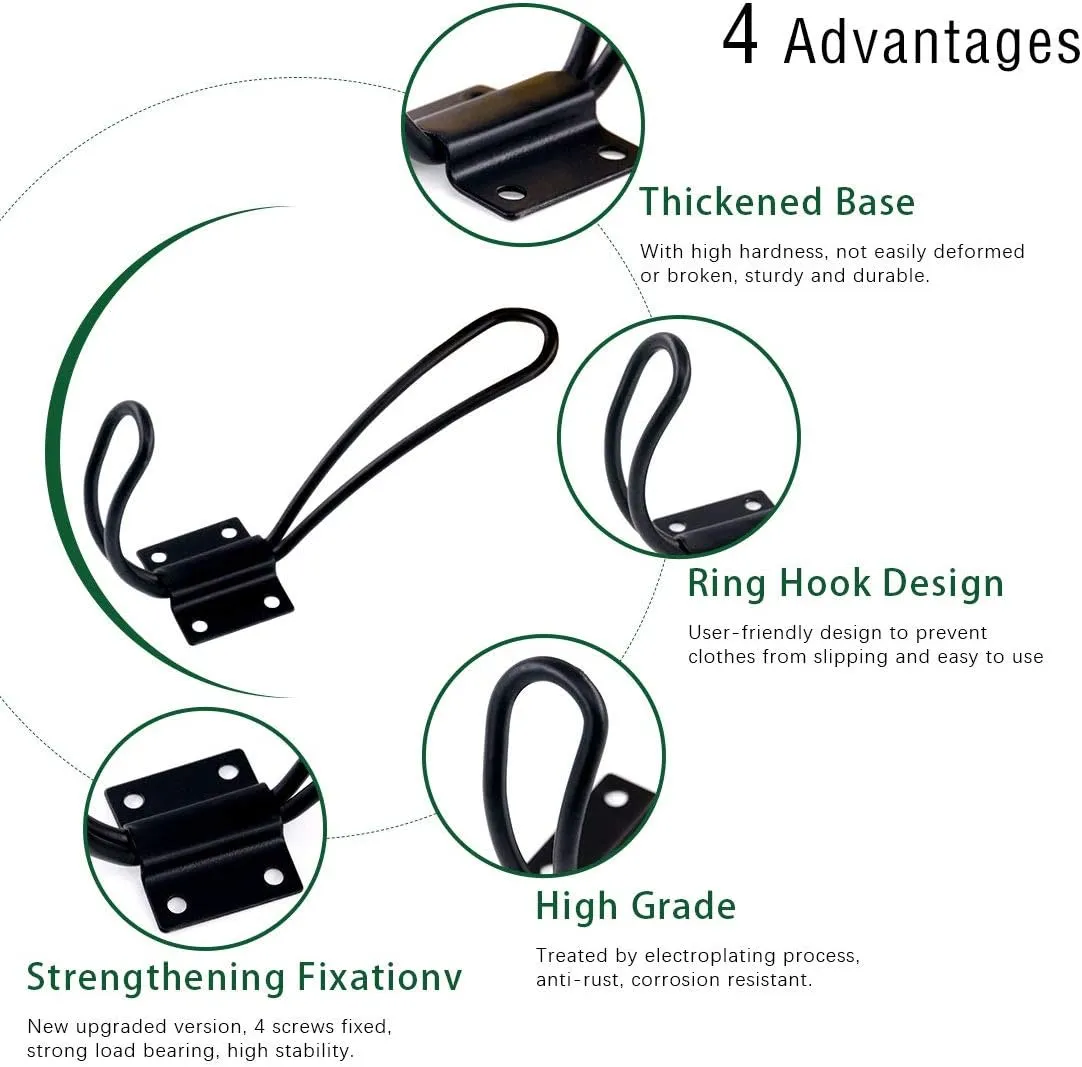 Keadic 12 Pack Heavy Duty Rustic Black Coat Hooks Kit with Screws and Expansion Screws Included, Wall Mounted Coat Hanger | Double Vintage Wall Hooks for Hanging Look (Black - 12 Pack)