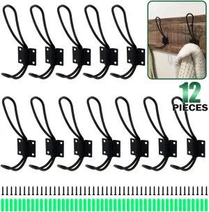 Keadic 12 Pack Heavy Duty Rustic Black Coat Hooks Kit with Screws and Expansion Screws Included, Wall Mounted Coat Hanger | Double Vintage Wall Hooks for Hanging Look (Black - 12 Pack)