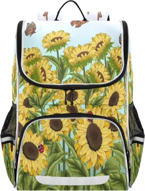 Kids Backpack for Boys Girls with Reflective Stripes16 inch Field Sunflowers Butterflies Backpack for School Vintage Flowering Shrubs School Bag Elementary Student Bookbag Daypack for Travel Hiking