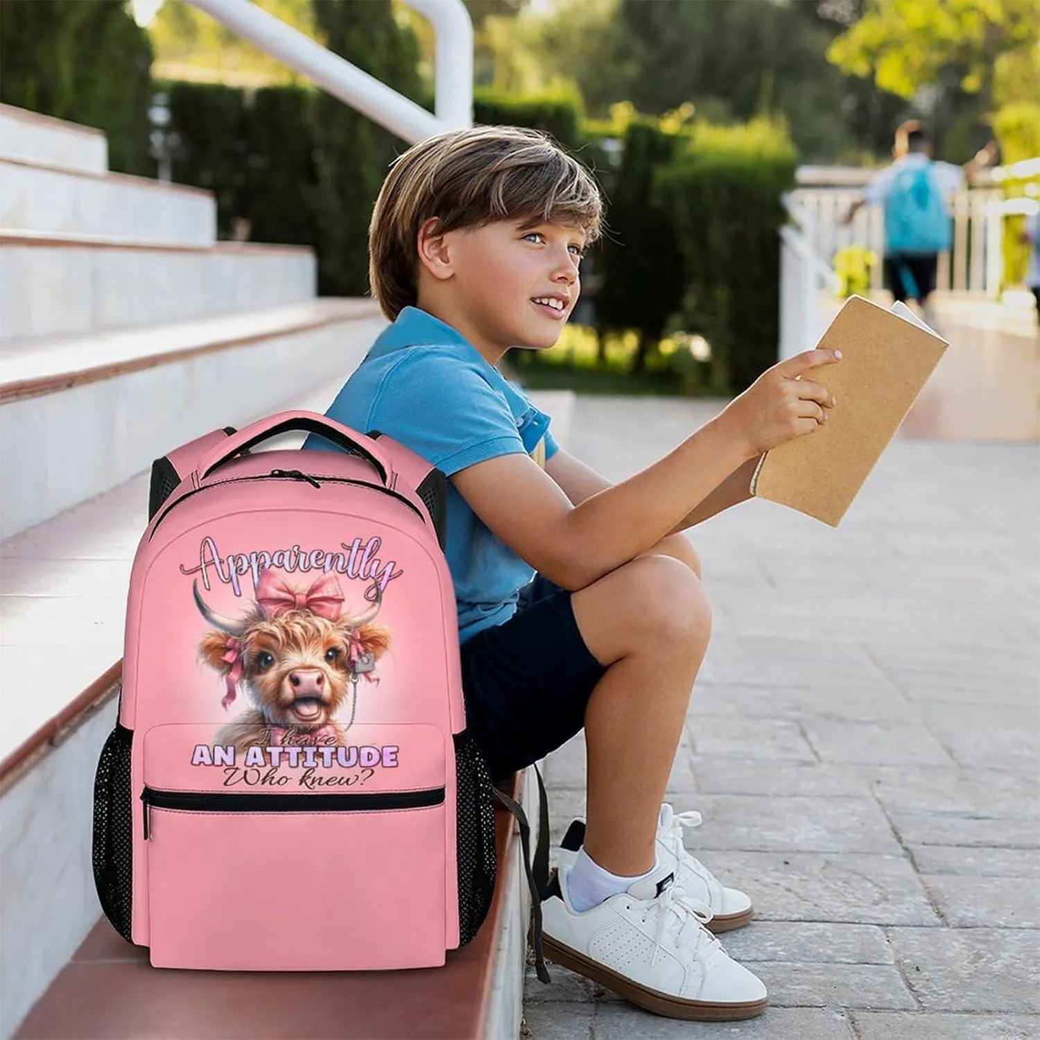 Kids School Backpacks, Funny Highland Cow Bookbag, 17 Inch Large Capacity Girls Boys Schoolbag for Gift, Casual Bookbag for Preschool Elementary Kindergarten School Travel