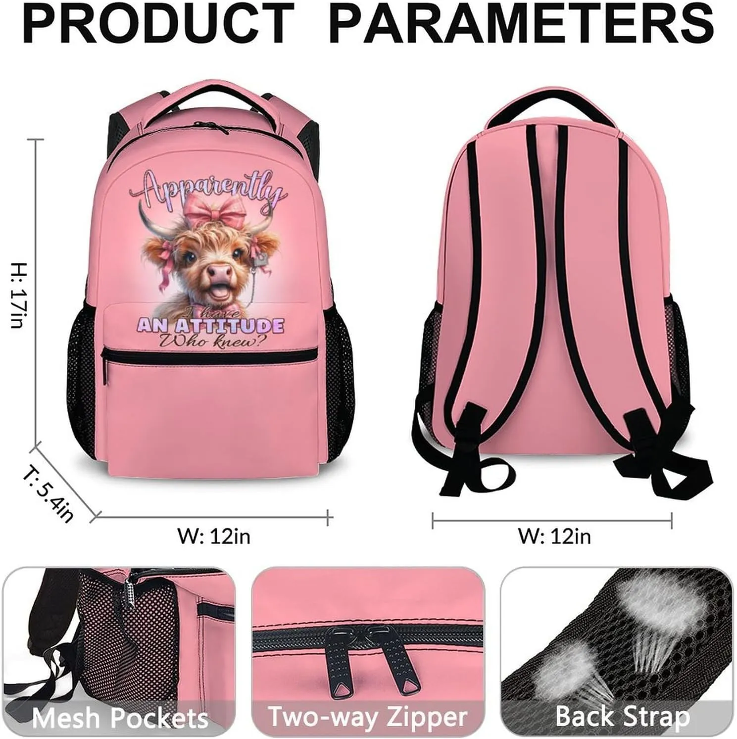 Kids School Backpacks, Funny Highland Cow Bookbag, 17 Inch Large Capacity Girls Boys Schoolbag for Gift, Casual Bookbag for Preschool Elementary Kindergarten School Travel