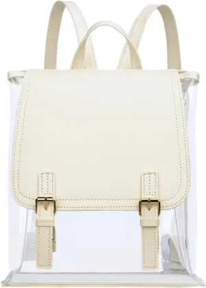 KKXIU Girls Clear Backpack Stadium Approved Transparent PVC Women Clear Bookbag with Leather for Sports Event, Concert (Cream White)