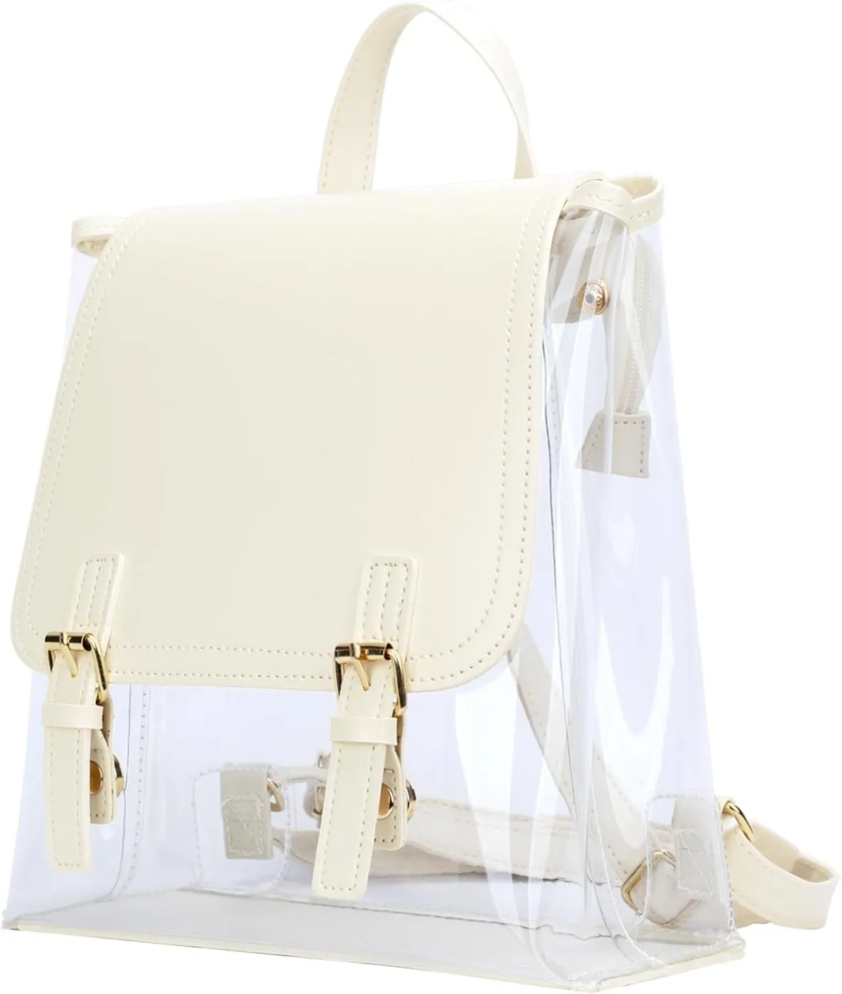 KKXIU Girls Clear Backpack Stadium Approved Transparent PVC Women Clear Bookbag with Leather for Sports Event, Concert (Cream White)
