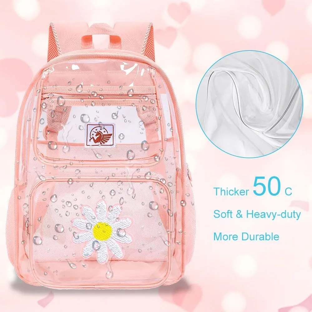 KLFVB Clear Backpack, Heavy Duty Transparent Bookbag, See Through Sequin Backpacks