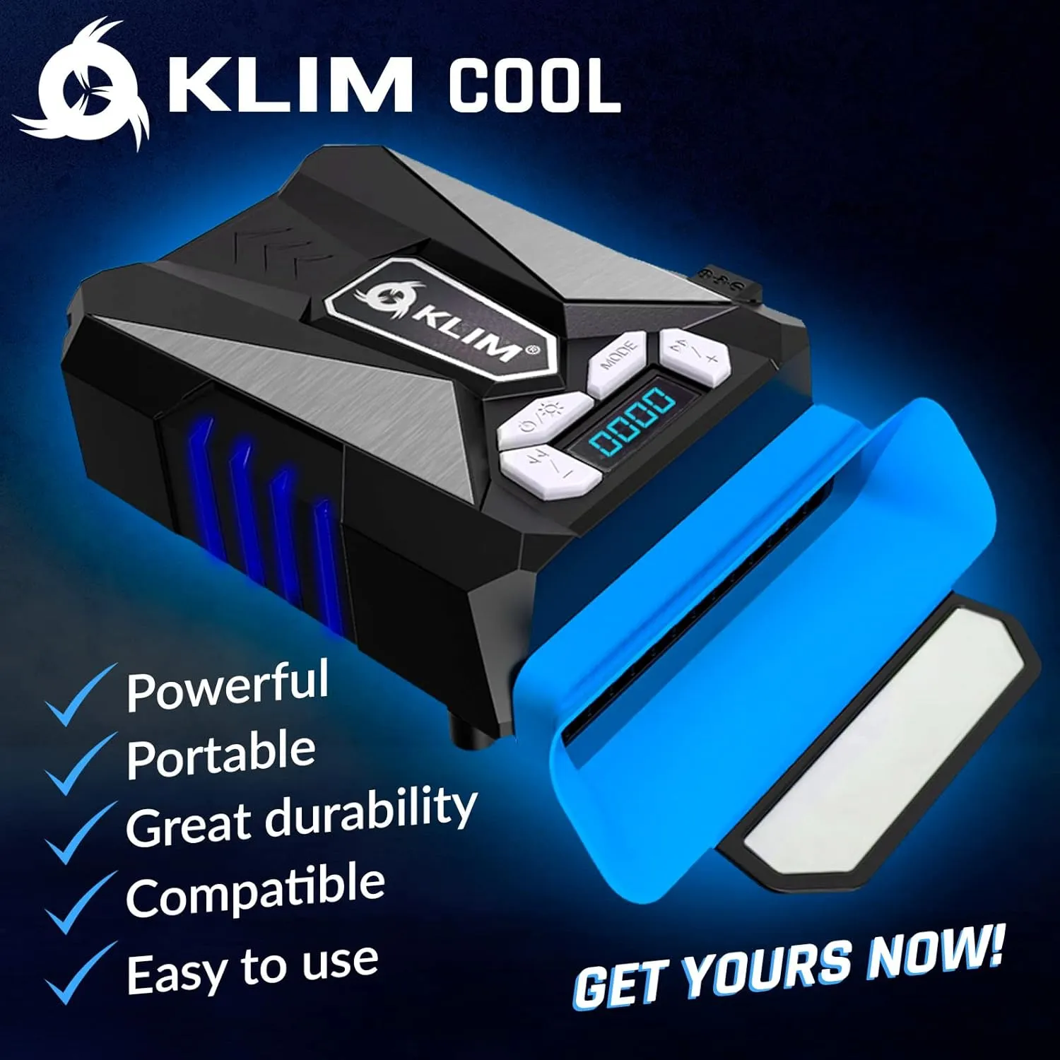 KLIM Cool Laptop Cooler with Vacuum Fan - New Version 2024 - Gaming Laptop Fan with Display - Temperature Detection   Automatic/Manual Mode - Portable - Compatible with Laptop Cooling Pads - Blue