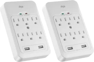 KMC 6-Outlet Surge Tap, 2 USB Ports (3.4A), 980 Joules Surge Protector, White (2 Pack)