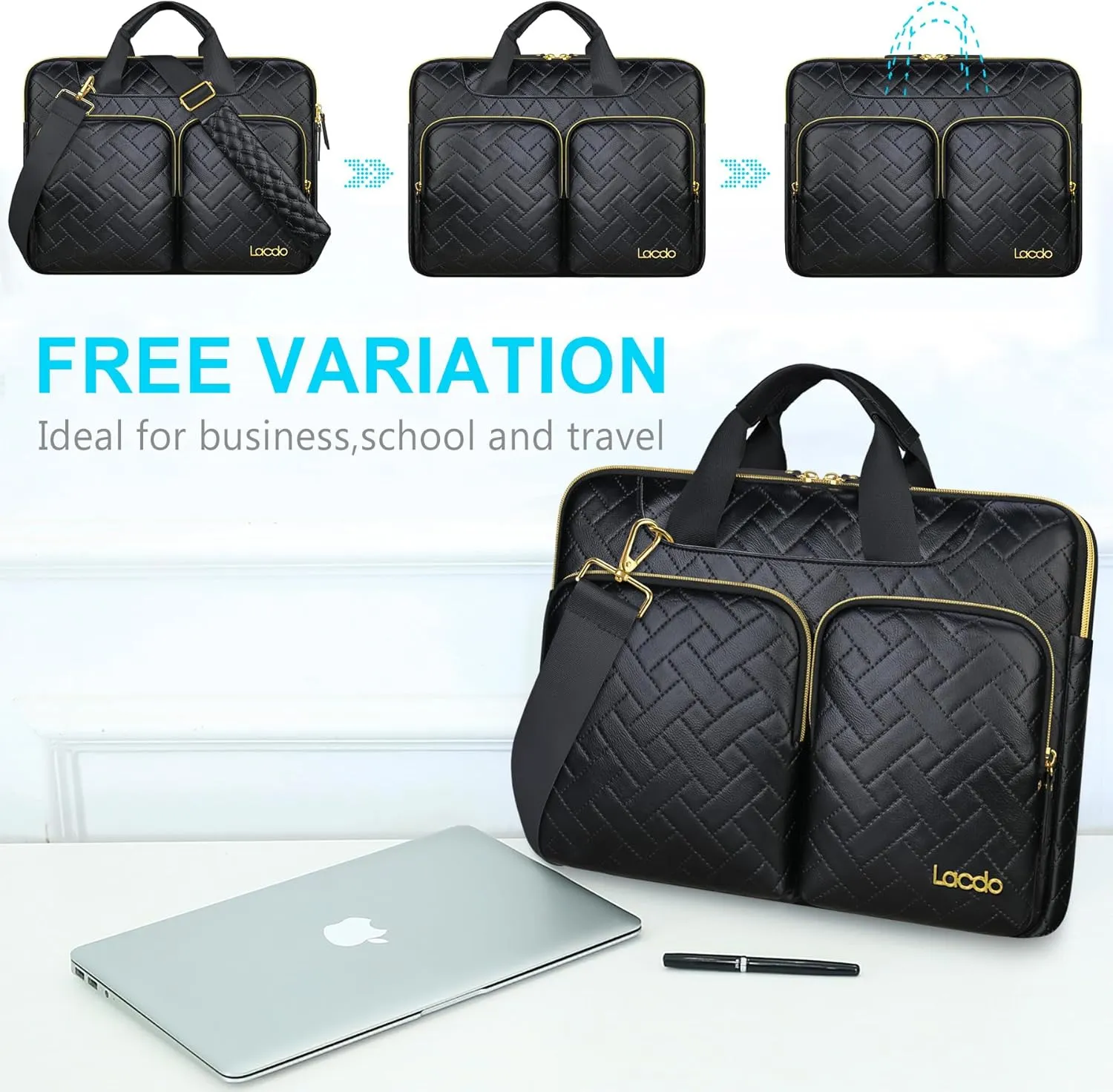 Lacdo 360° Protective Laptop Shoulder Bag, 16 inch Laptop Bag for 16 inch New MacBook Pro M4/M3/M2 /M1 Pro Max A3403 A3186 A2991 A2780 A2485 2024-2019, 15" Surface Laptop 7th Copilot PC, Elegant Black
