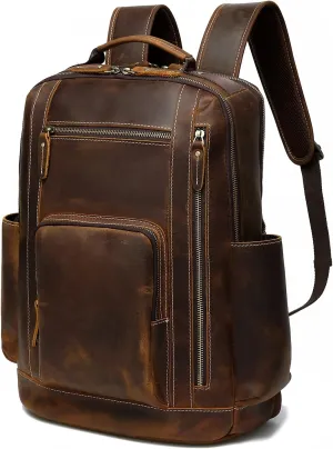 LANNSYNE Men's Vintage Full Grain Leather Backpack for 16" Laptop Travel Hiking Camping Rucksack