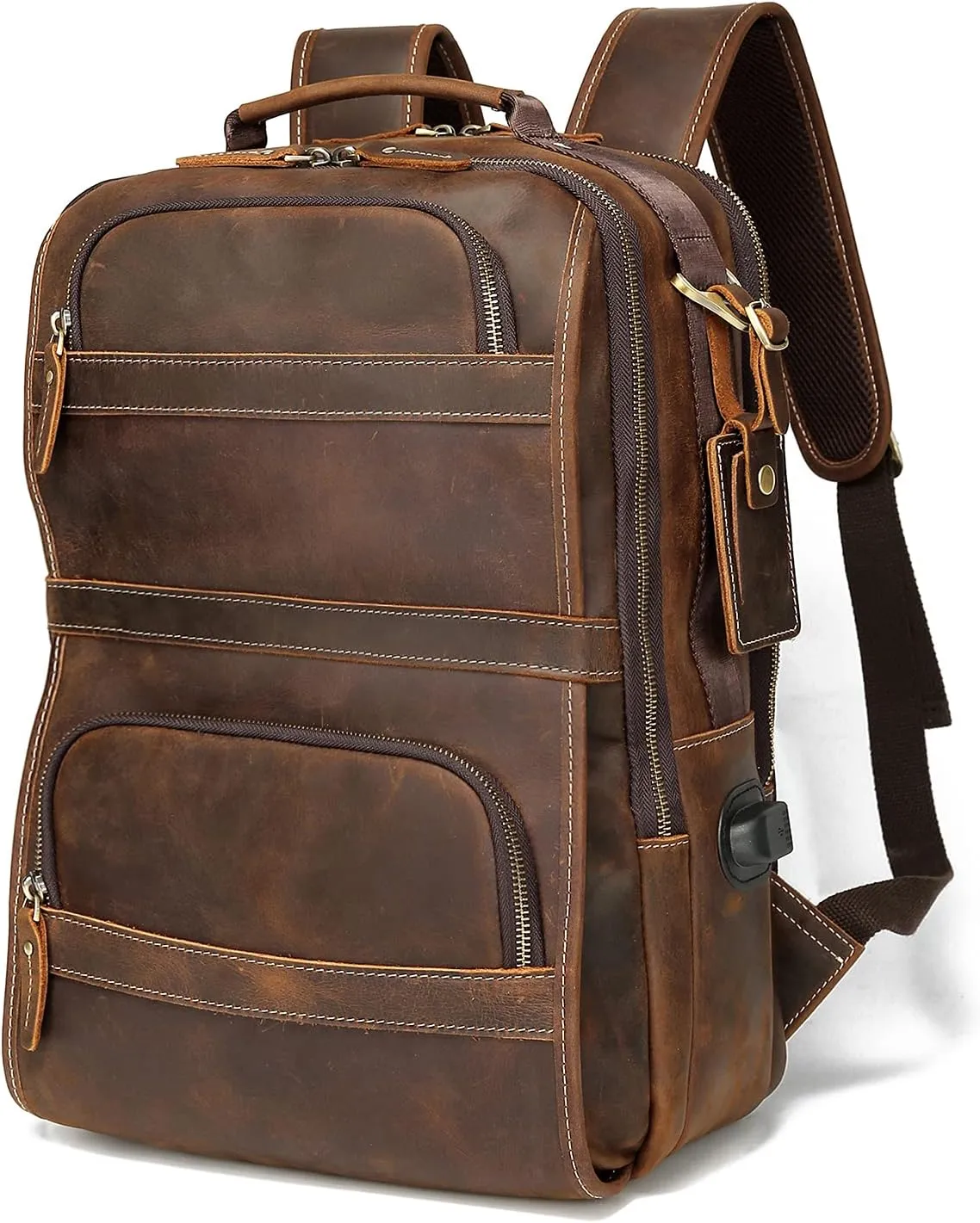 LANNSYNE Vintage Genuine Leather Backpack For Men 15.6 Inch Laptop Bag Overnight Weekender Camping Daypack Rucksack