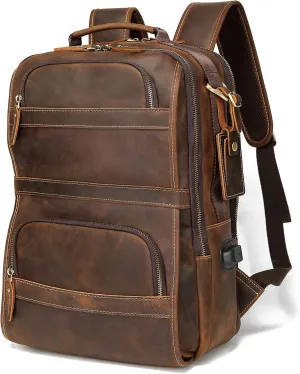 LANNSYNE Vintage Genuine Leather Backpack For Men 15.6 Inch Laptop Bag Overnight Weekender Camping Daypack Rucksack
