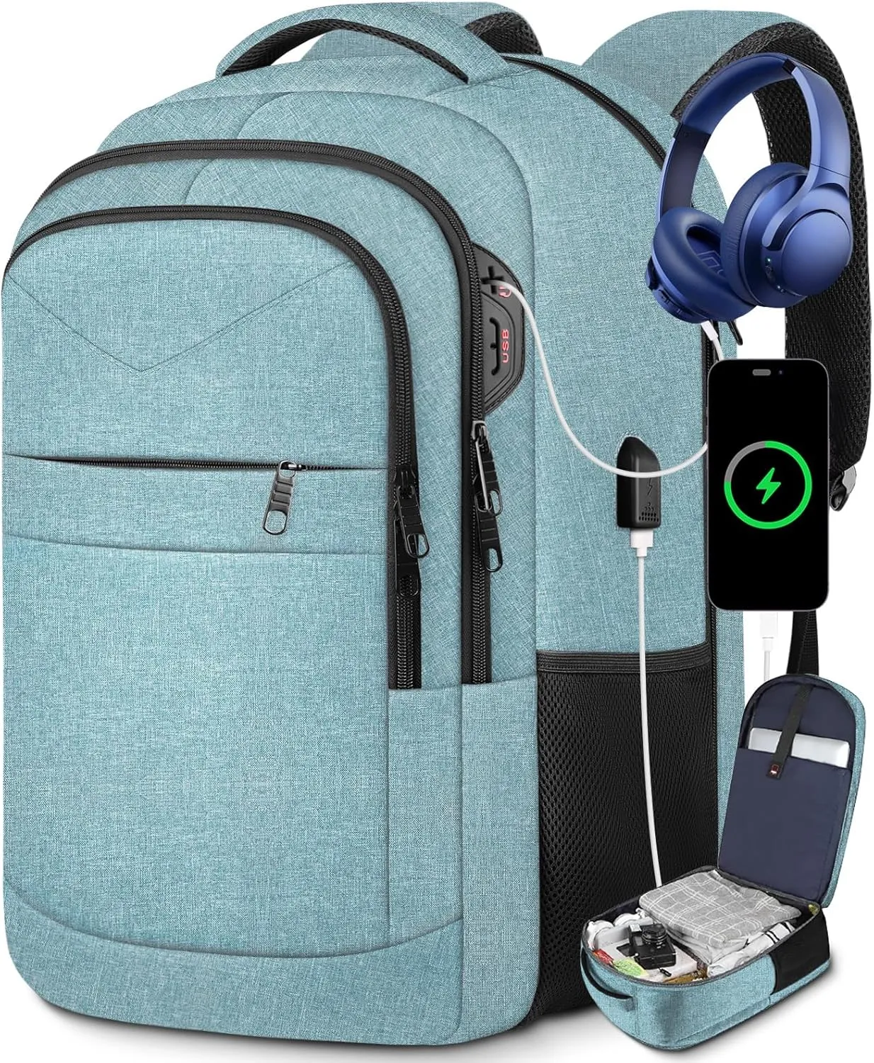 Lapsouno Extra Large Backpack, Travel Laptop Backpack, Carry on Backpack, Sturdy 17 Inch TSA Friendly with USB Port, Water Resistant College School Computer Bag Gifts for Men Women, Lake Green