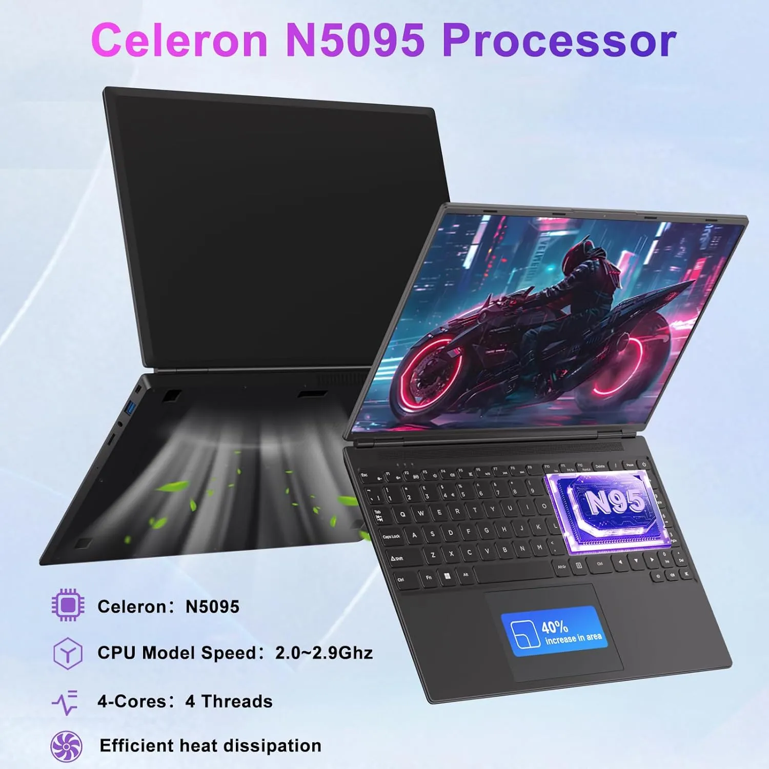 Laptop 16" 12GB 512GB SSD Celeron N5095 Up to 2.9 GHz Win 11 Laptop Support 512GB TF 1TB SSD Expand Notebook with 1920*1200 FHD 5G WiFi BT 4.2 Webcam Cooling Fan for Students and Business-Black