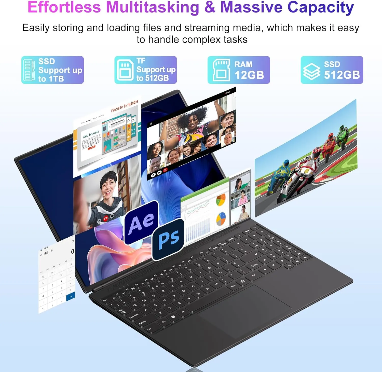 Laptop 16" 12GB 512GB SSD Celeron N5095 Up to 2.9 GHz Win 11 Laptop Support 512GB TF 1TB SSD Expand Notebook with 1920*1200 FHD 5G WiFi BT 4.2 Webcam Cooling Fan for Students and Business-Black