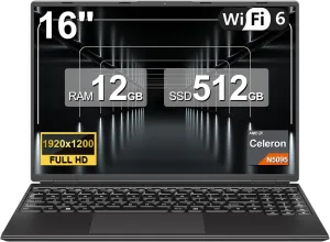 Laptop 16" 12GB 512GB SSD Celeron N5095 Up to 2.9 GHz Win 11 Laptop Support 512GB TF 1TB SSD Expand Notebook with 1920*1200 FHD 5G WiFi BT 4.2 Webcam Cooling Fan for Students and Business-Black