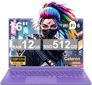 Laptop 16" 12GB 512GB SSD Celeron N5095 Up to 2.9 GHz Win 11 Laptop Support 512GB TF 1TB SSD Expand Notebook with 1920*1200 FHD 5G WiFi BT 4.2 Webcam Cooling Fan for Students and Business-Purple