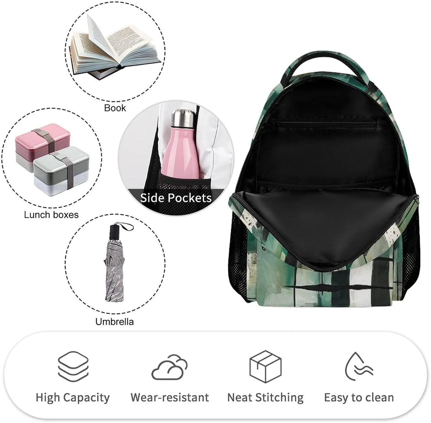 Laptop Backpack for Travel Daypack Computer Bag Work Green Square Pattern Back Pack Nurse Bag for Hiking