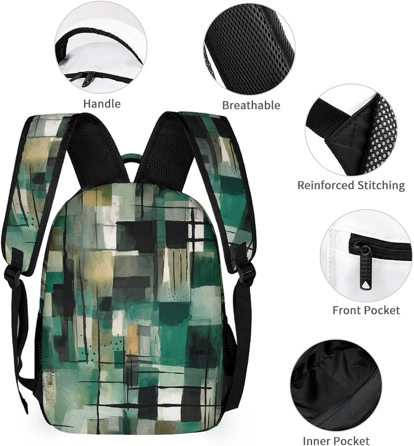 Laptop Backpack for Travel Daypack Computer Bag Work Green Square Pattern Back Pack Nurse Bag for Hiking