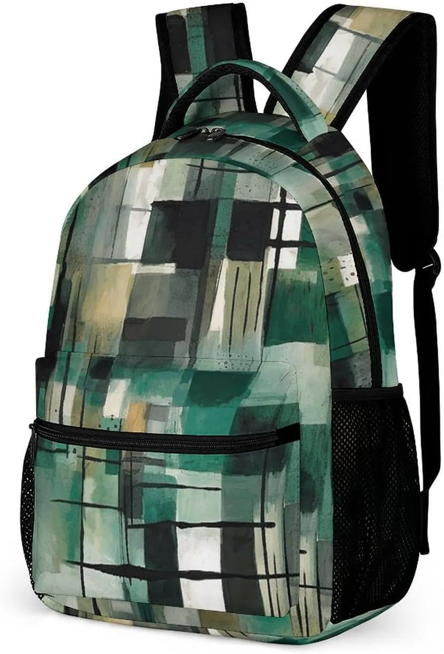 Laptop Backpack for Travel Daypack Computer Bag Work Green Square Pattern Back Pack Nurse Bag for Hiking
