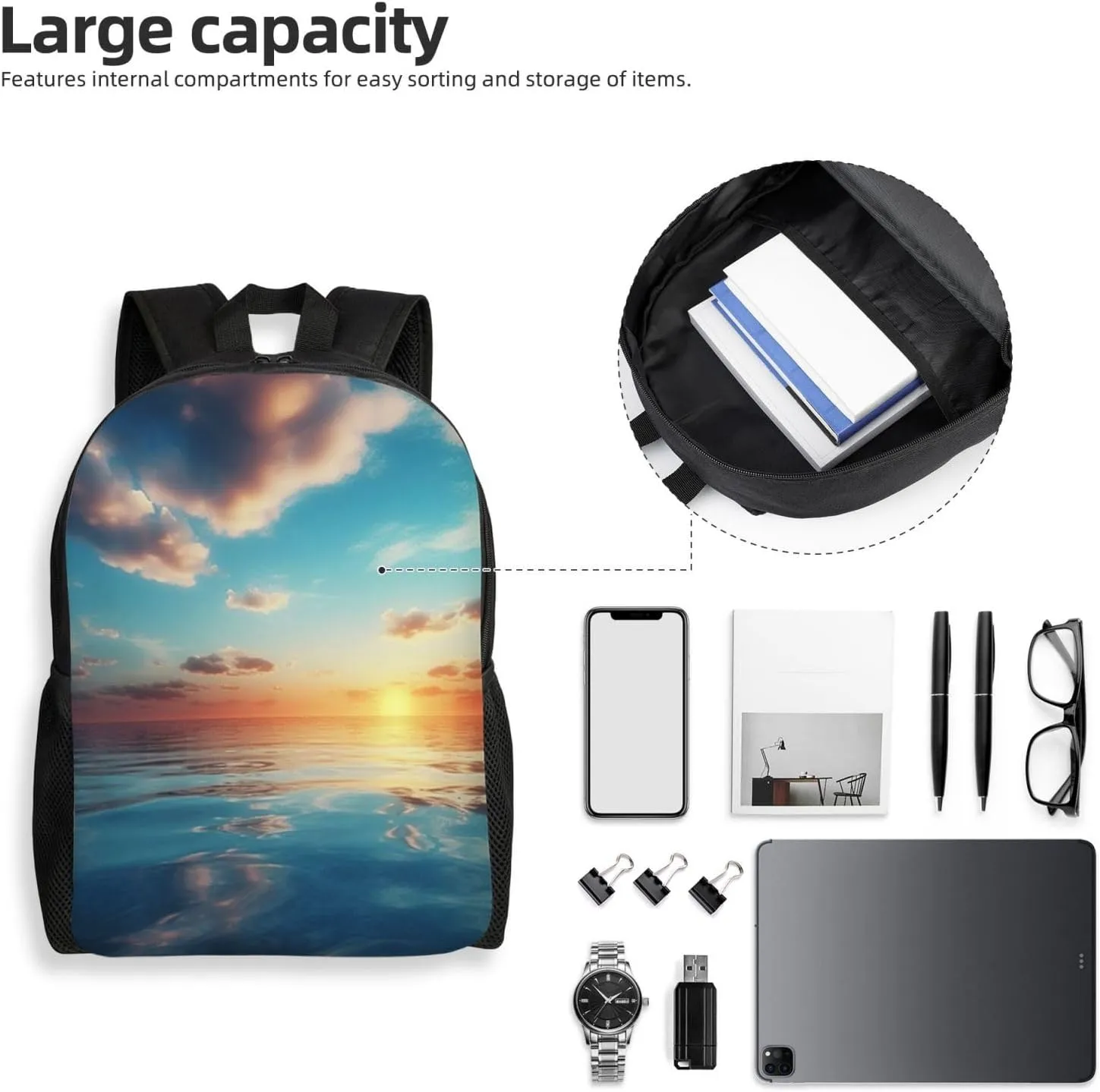 Laptop Backpack for Women Men Carry-on Backpack Calm Ocean at The Sunset Daypack Lightweight Travel Shoulder Bags