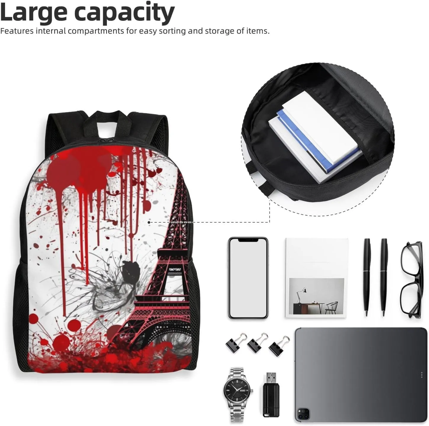 Laptop Backpack for Women Men Carry-on Backpack Red Eiffel Tower Splash Pattern Daypack Lightweight Travel Shoulder Bags
