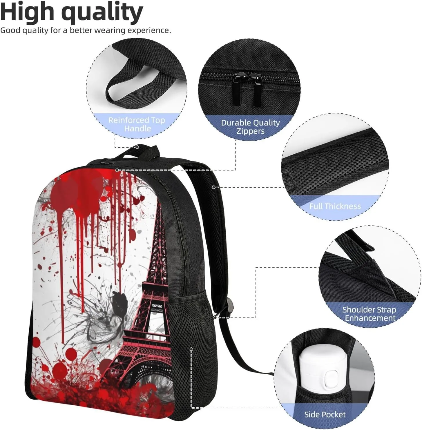 Laptop Backpack for Women Men Carry-on Backpack Red Eiffel Tower Splash Pattern Daypack Lightweight Travel Shoulder Bags