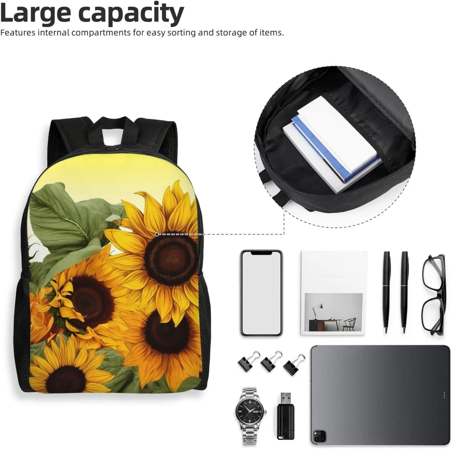 Laptop Backpack for Women Men Carry-on Backpack Sunflowers Floral Daypack Lightweight Travel Shoulder Bags