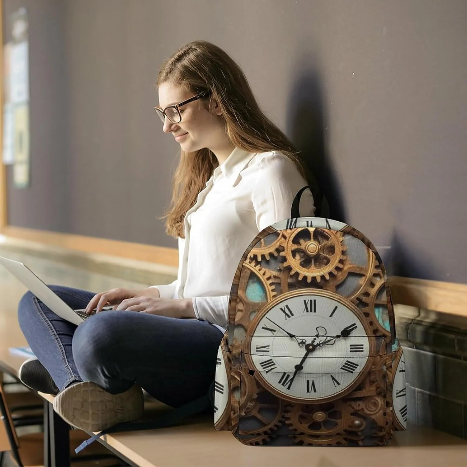 Laptop Backpack for Women Men Daypack Waterproof Rusty Steampunk Clock Computer Bag Business Work Bag for Travel