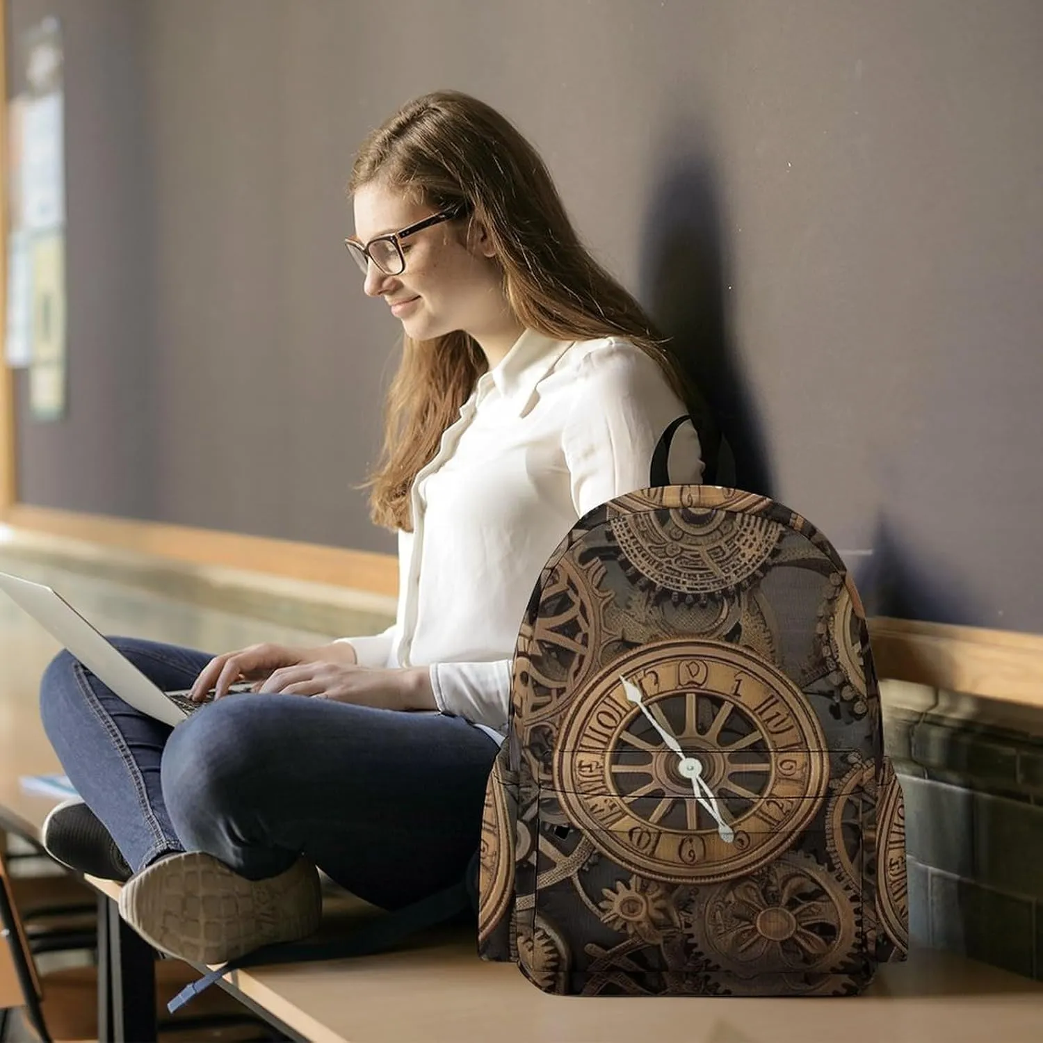 Laptop Backpack for Women Men Daypack Waterproof Steampunk Gears Clock Computer Bag Business Work Bag for Travel