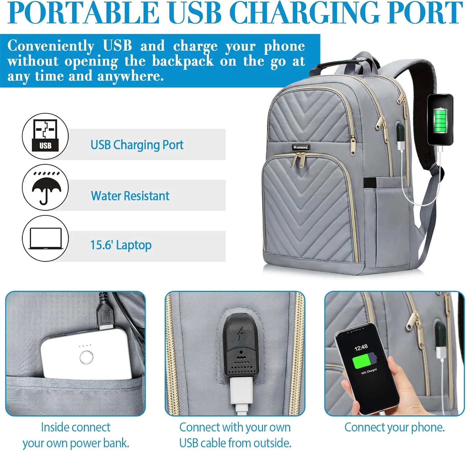 Laptop Backpack for Women Men, Large School Backpack for Teens Boys Girls, 17.3 Inch Quilted Laptop Bag Bookbag College Bag with USB Charging Port, Work Travel Casual Daypacks, Grey(over 3 years old)