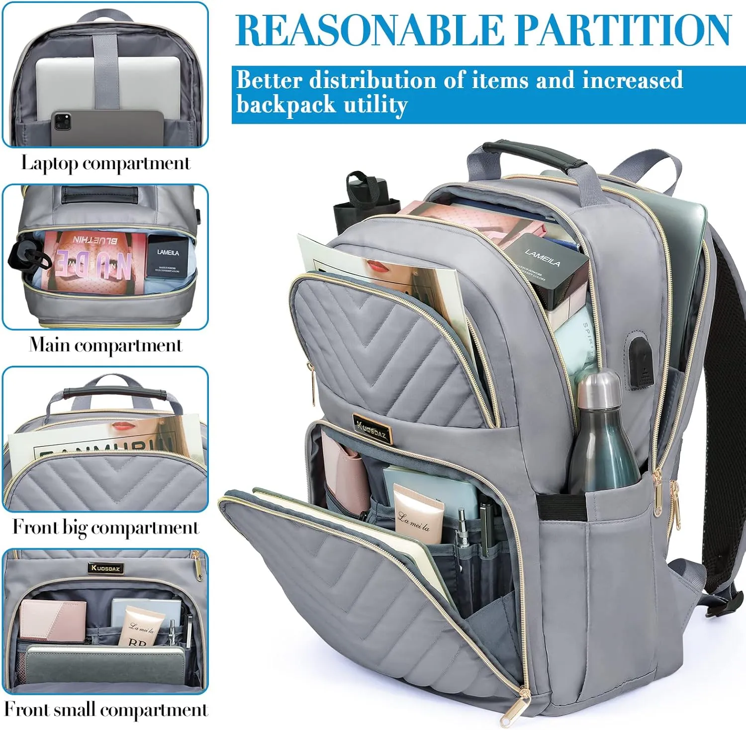 Laptop Backpack for Women Men, Large School Backpack for Teens Boys Girls, 17.3 Inch Quilted Laptop Bag Bookbag College Bag with USB Charging Port, Work Travel Casual Daypacks, Grey(over 3 years old)