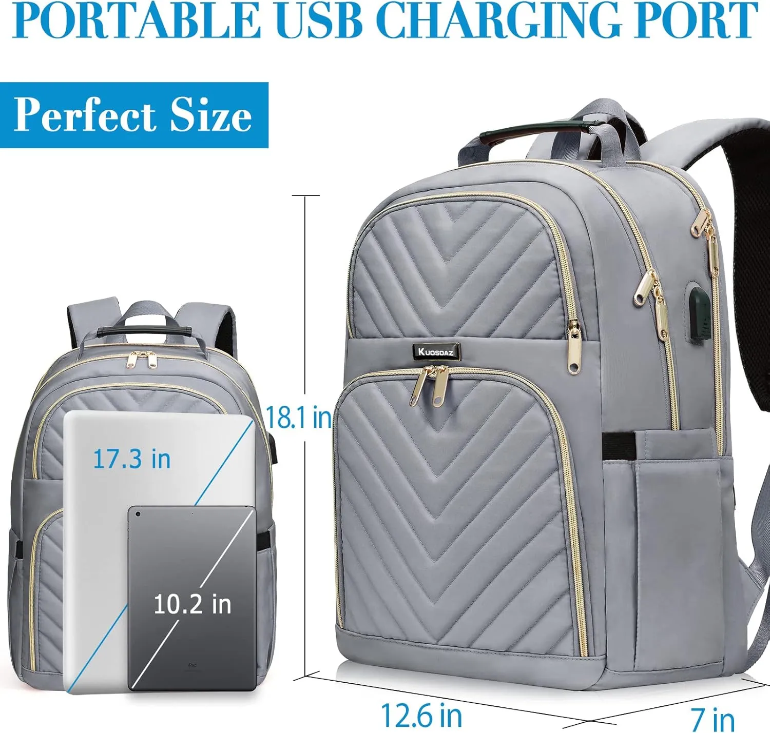 Laptop Backpack for Women Men, Large School Backpack for Teens Boys Girls, 17.3 Inch Quilted Laptop Bag Bookbag College Bag with USB Charging Port, Work Travel Casual Daypacks, Grey(over 3 years old)