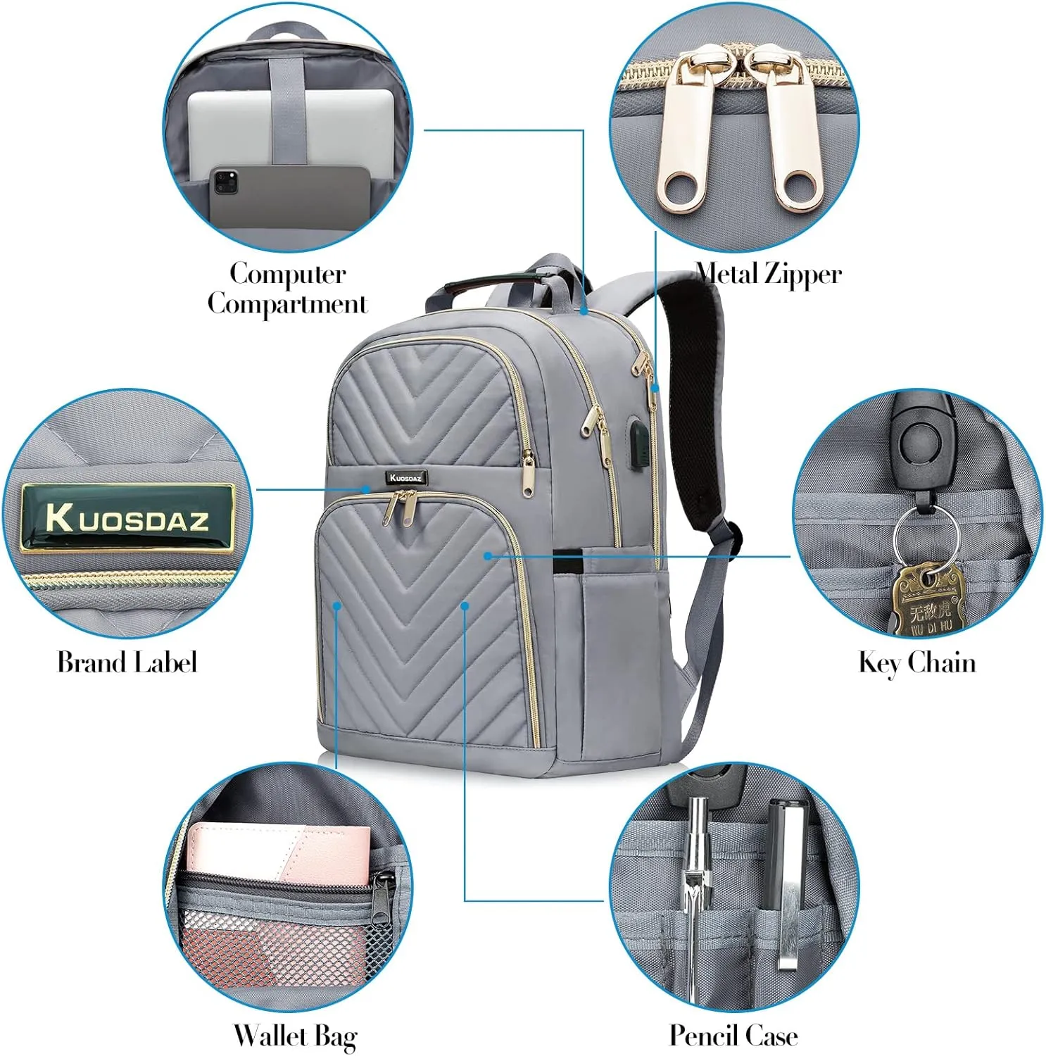 Laptop Backpack for Women Men, Large School Backpack for Teens Boys Girls, 17.3 Inch Quilted Laptop Bag Bookbag College Bag with USB Charging Port, Work Travel Casual Daypacks, Grey(over 3 years old)