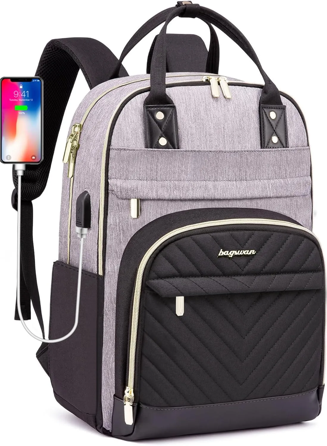 Laptop Backpack for Women Work Bag - Fits 17.3 Inch Laptop Bag Fashion Travel Work Backpack Anti-theft Bag with USB Charging Business Computer Waterproof Backpack Purse for Nurse Teacher Black Grey
