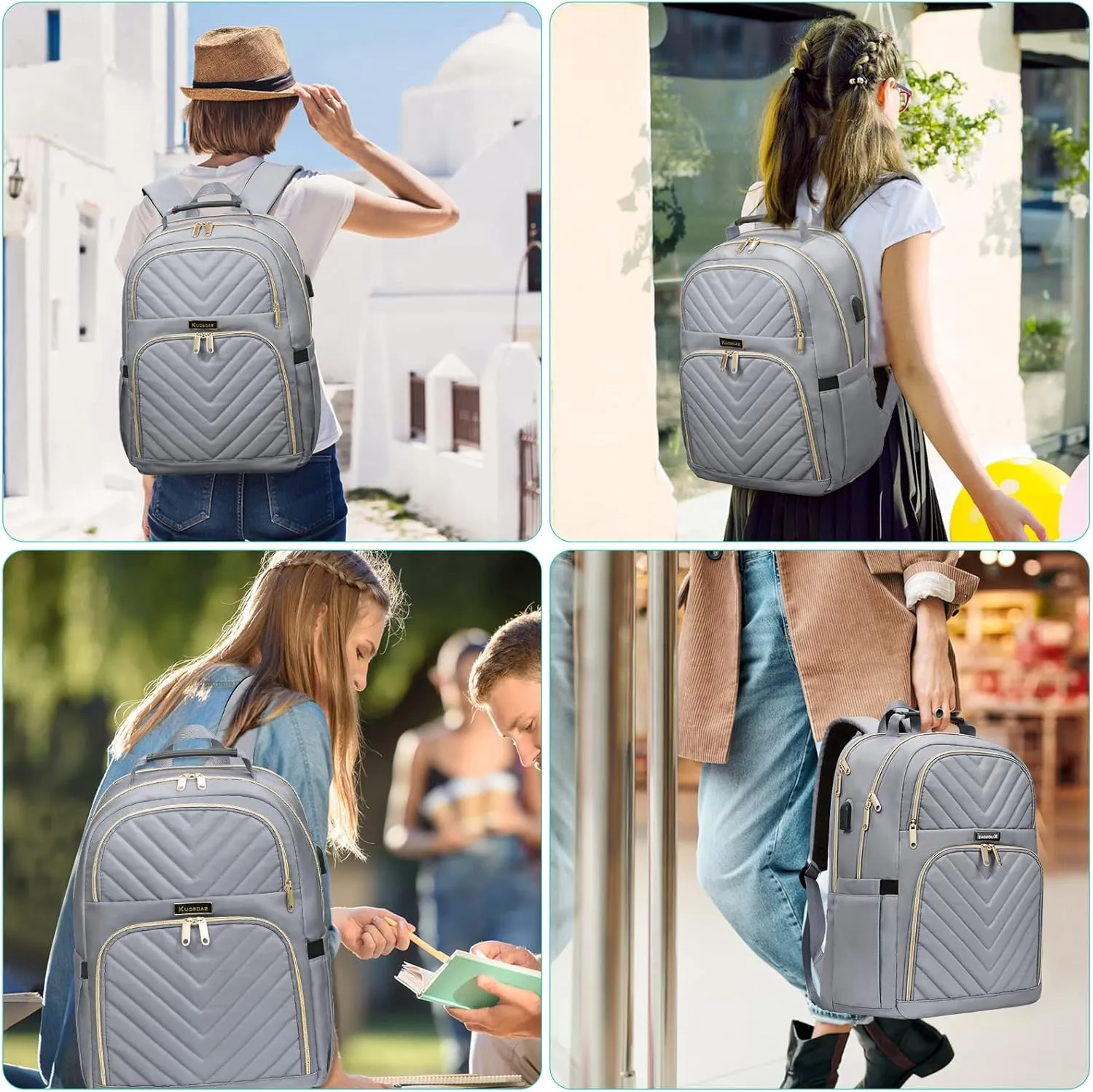 Laptop Backpack, School Backpack for Teen Girls, 15.6 Inch Quilted Work Backpack Purse with USB Charging Port, Large Anti-theft Bookbag for Students, Casual Daypacks for Women,Grey