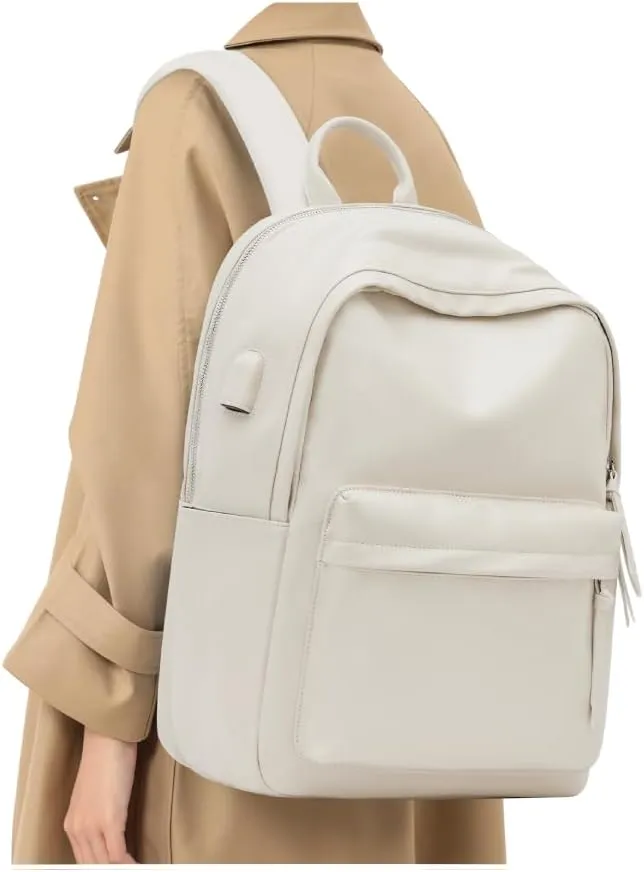 Laptop Backpack Women, Faux Leather Work Travel Backpack for Men with USB Port, Waterproof Fashion Casual Daypack for Business University, Large Capacity Carry On Backpack for Airplanes, Brown