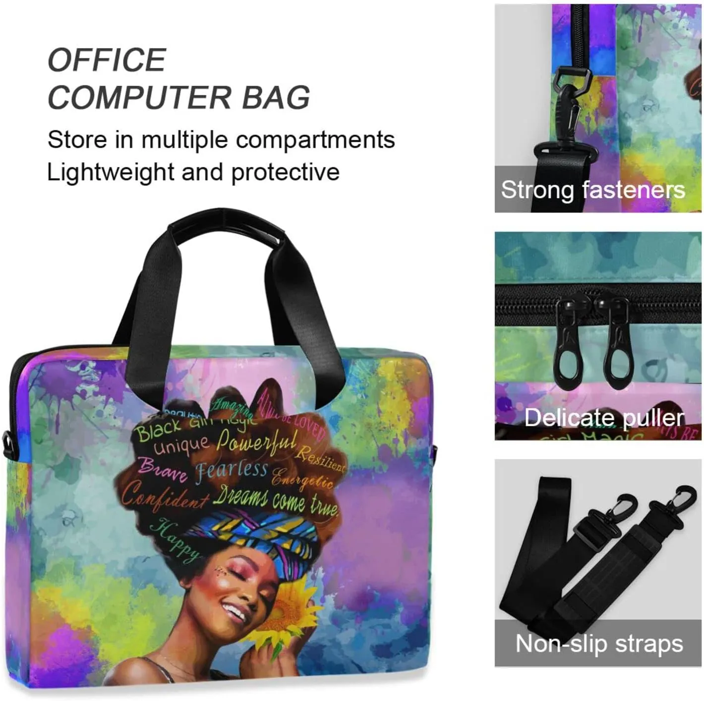 Laptop Bag 15.6 inch, Waterproof Laptop Case with Strap, Protective Laptop Carrying Case for Women&Men, Afro African American Woman