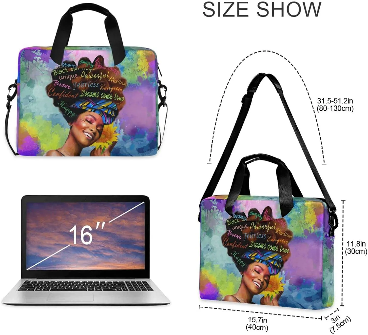 Laptop Bag 15.6 inch, Waterproof Laptop Case with Strap, Protective Laptop Carrying Case for Women&Men, Afro African American Woman