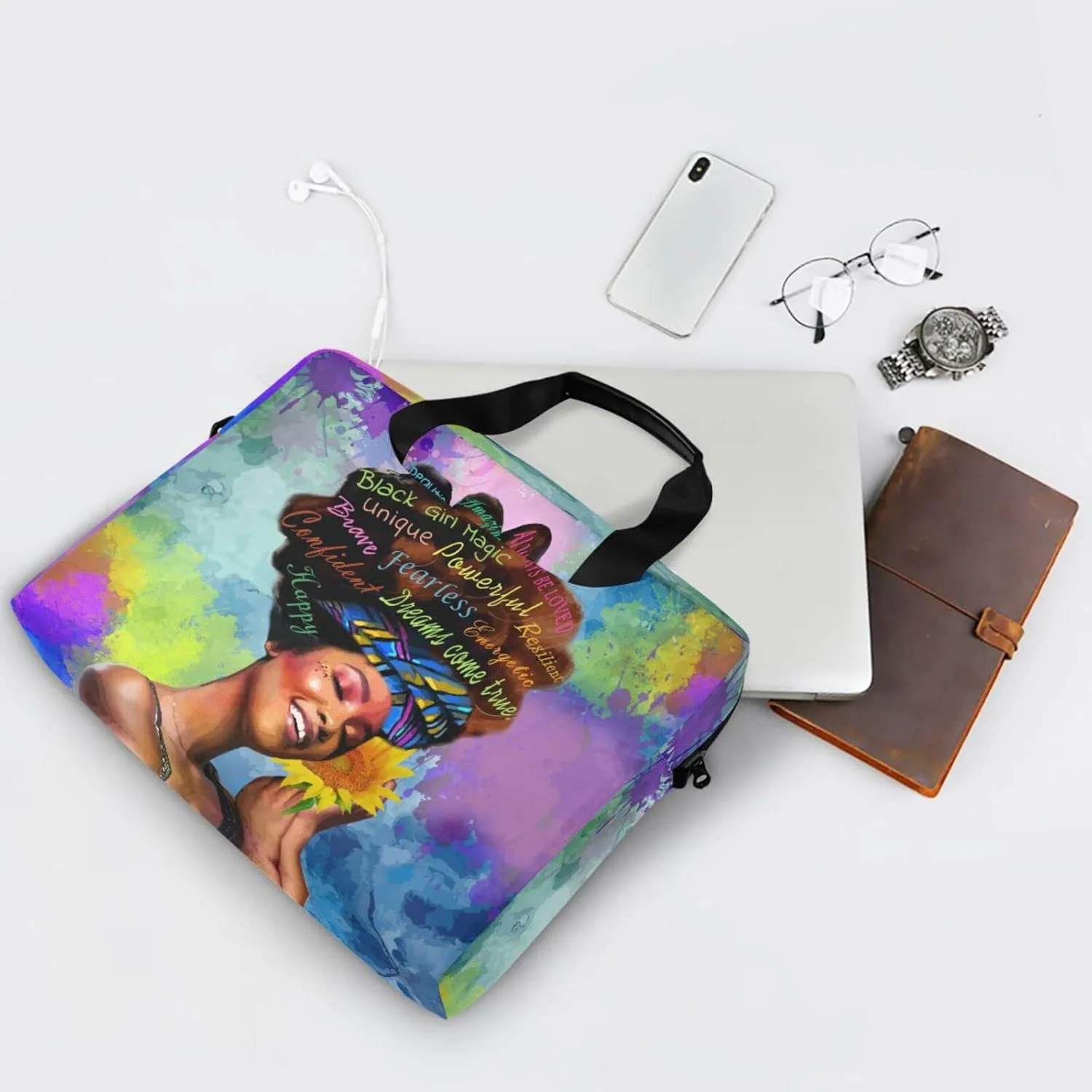 Laptop Bag 15.6 inch, Waterproof Laptop Case with Strap, Protective Laptop Carrying Case for Women&Men, Afro African American Woman