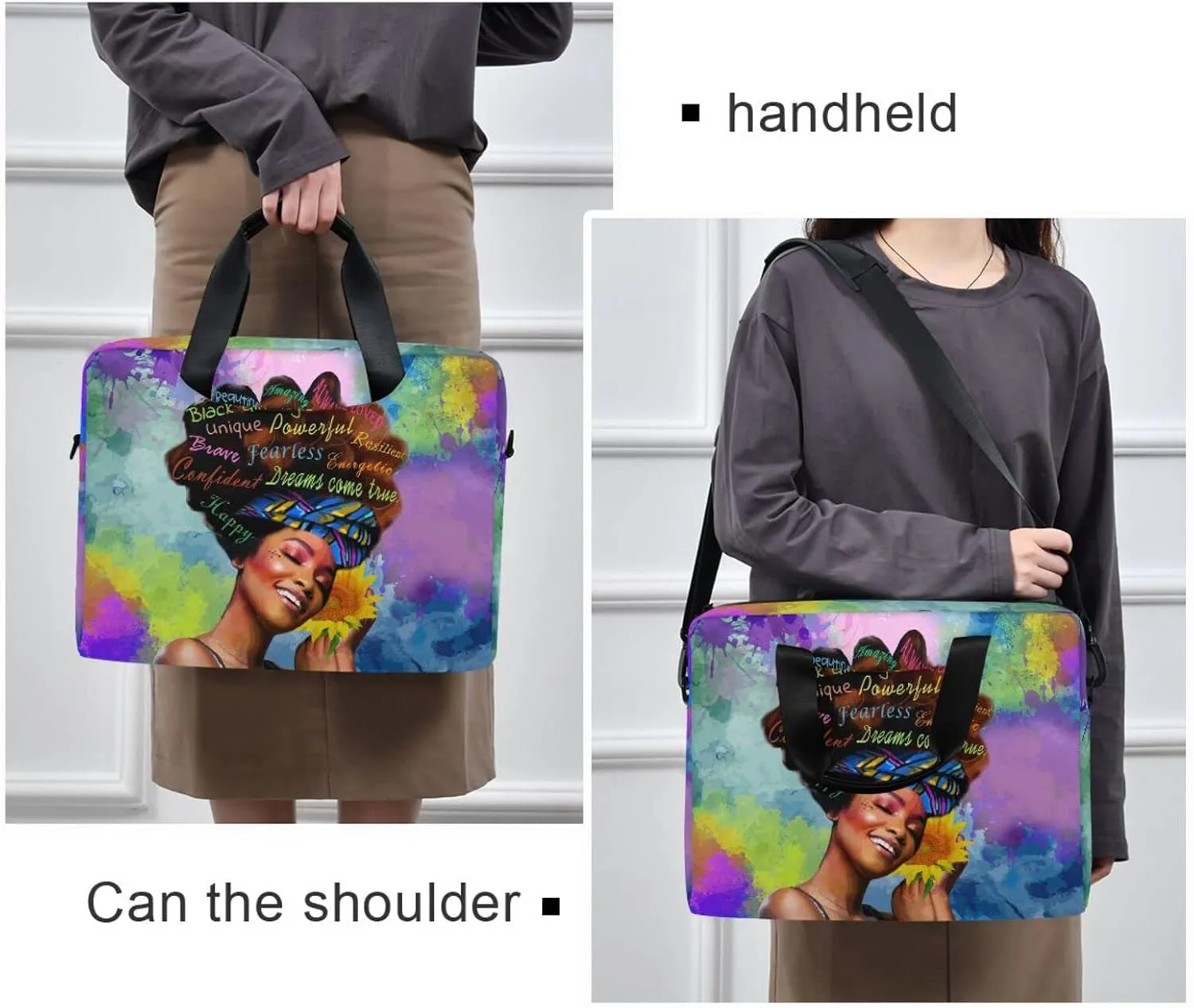 Laptop Bag 15.6 inch, Waterproof Laptop Case with Strap, Protective Laptop Carrying Case for Women&Men, Afro African American Woman